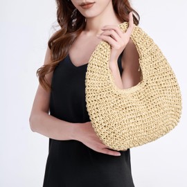 RAVESSIA Women's Small Handmade Woven Straw Summer Beach Crescent Hobo Tote Bag (Brown)