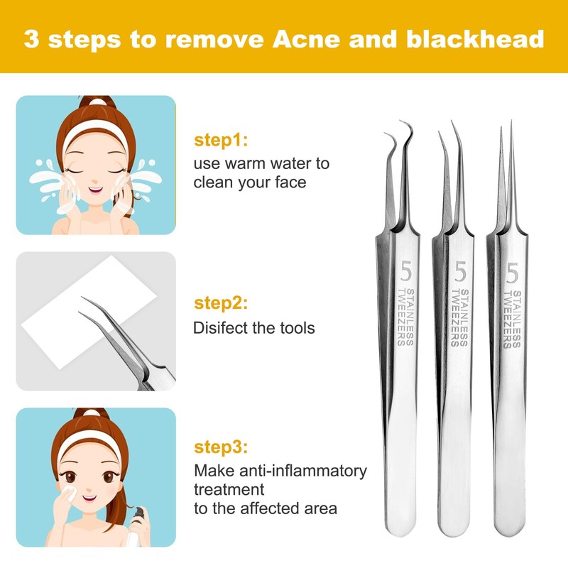 Pimple Blackhead Remover 3-Piece Tweezers Face Nose Black Head Precise