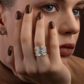 Mytys 2 Tone Intertwined Crossover Statement Ring Fashion Chunky Band Rings for Women Black Gold Silver Rose Gold Plated Wide Index Finger Rings Costume Jewelry (Gold and Silver Size 11)