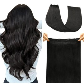 SAFIRENY Wire Hair Extensions Real Human Hair, 16inch Natural Black 70g Invisible Wire Hair Extensions Straight, Invisible Fish Line Extensions for Women (#1B-16inch)