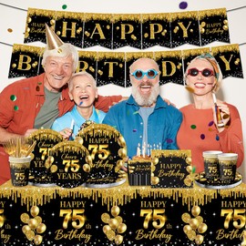 75th Birthday Decorations for Men Women, 142Pcs Black Gold 75th Birthday Decorations Tableware InclduePlates and Napkins Cups Banner Tablecloth for Cheers to 75 Years Old Birthday Party Supplies