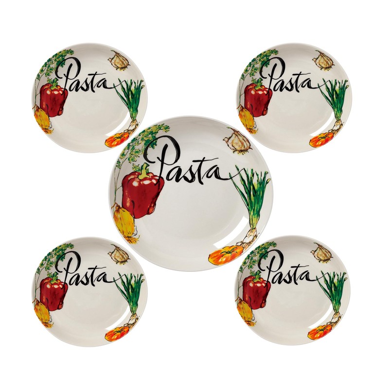 Lorren Home Trends 5Piece Porcelain Pasta Set Vegetable Design, Multicolor