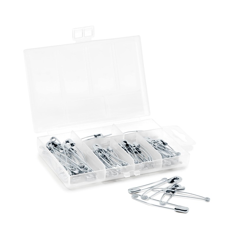 Dritz 3328 Curved Safety Pins, Assorted Sizes with Storage Box