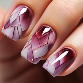 Square Press on Nails Medium Fake Nails Press ons Full Cover False Nails Wine Red Broken Glass Pattern Acrylic Nails Glossy Glue on Nails for Women Manicure 24 Pcs