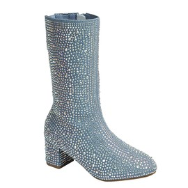 ABSOLEX Girl's Rhinestone Round Toe Knee High Chunky Low Heel Boot, Blue Denim, 12