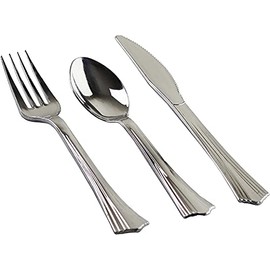 144 Heavy Duty Silver Plastic Cutlery Set - 48 of Each Piece Quality Bulk Reusable Fancy Plastic Silverware Perfect for Parties