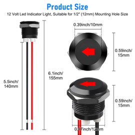 Linkstyle 2PCS 12V LED Indicator Light, 1/2" Panel Cutout Signal Indicator, Signal Lamp Light with 300MM Wires Waterproof, Red