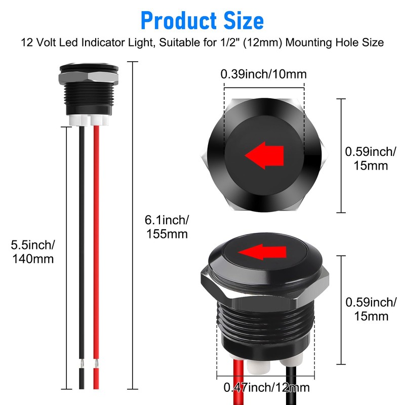 Linkstyle 2PCS 12V LED Indicator Light, 1/2" Panel Cutout Signal