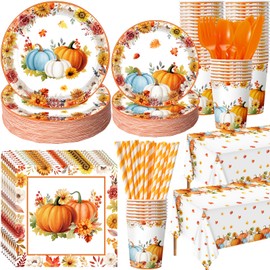 Potchen 452 Pcs Fall Party Decorations Thanksgiving Party Supplies Fall Maple Leaves Pumpkins Paper Plates Napkins Cups Tablecloth Cutlery Straws for Autumn Thanksgiving Harvest Birthday Holiday