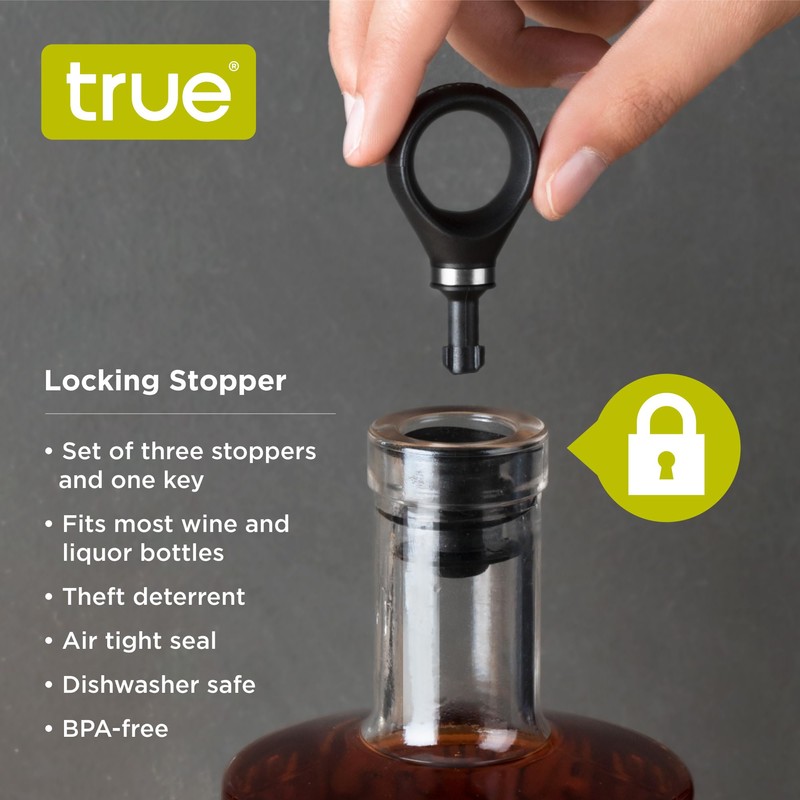 True Locking Bottle Stoppers with Key - Stainless Steel and