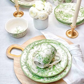 222 Fifth Adelaide Moss 16-Piece Porcelain Dinnerware Set – Service for 4, Plates, Bowls & Mugs, Hand-Applied Decal, Microwave & Dishwasher Safe, for Everyday Dining & Entertainment