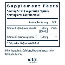 Vital Nutrients Vitamin D3 + K2 | 2000 IU | Vitamin D3 K2 Supplement | Vitamin D Complex for Healthy Calcium Levels, Muscle & Bone Health | Gluten, Dairy, Soy Free | 60 Capsules