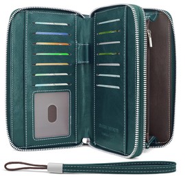 HNOOM Women's Large PU Leather Purse, Many Compartments with 14 Card Slots, Long Wallet, Women's RFID Protection Wallet with Coin Compartment and Removable Hand Strap, darkblue, Minimalist