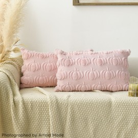 Artoid Mode Soft Plush Faux Fur Pink Pumpkins Autumn Cushion Covers Set of 2, 30x50 cm Fall Plush Decorative Pillow Case Cover Sofa Room Decor