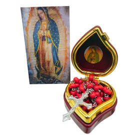 Westmon Works Our Lady of Guadalupe Deluxe Rosary Set Wooden Bead and Rose Scented with Heart Shaped Case and Holy Card