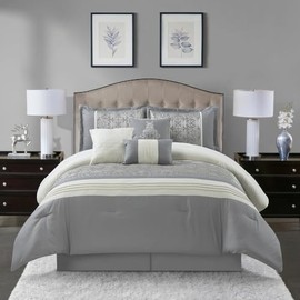 Glam Chic Style Bohemian & Eclectic 7 Piece Bedding Comforter Sets Cal.king Size Color Block Intricated Pleated Design | All Seasons Luxury Bedding Silver Grey Ivory Main Bed Guestroom Cohesive Design