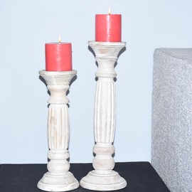 Handmade Mango Wood Eco-friendly Traditional Antique White Set of Two 12" & 15" Pillar Candle Holder