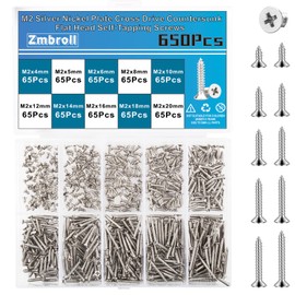 Zmbroll M2 Silver Countersunk Head Self-Tapping Screws 650Pcs Phillips Drive Wood Screws Metric Sheet Metal Screws Carbon Steel Nickel Plated Micro Electronic Screw Assortment Kit
