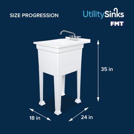 UTILITYSINKS 18 Inch Plastic Freestanding Utility Tub Sink with Heavy Duty Stainless Steel Swing Faucet for Garage, Laundry Room, and Garden, White