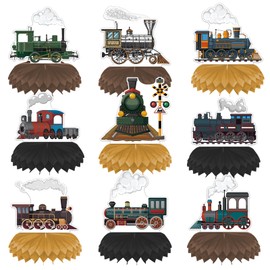9pcs Vintage Train Birthday Decorations Honeycomb Centerpiece Railroad Crossing Sign 3D Table Decor For Retro Steam Train Party Supplies Traffic Table Toppers
