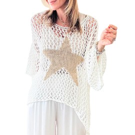 Ecosunny Womens Summer Crochet Hollow Out Scoop Neck Star Graphic Pullover Sweater Knit Tops Shirts Beach Cover Ups A-White
