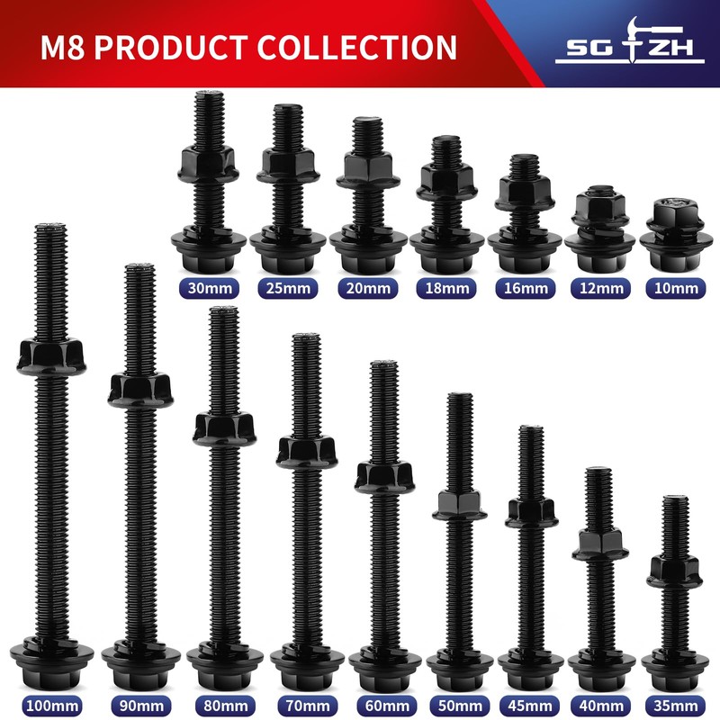 M8 x 35mm Flanged Hex Head Bolts, Nuts, Flat &