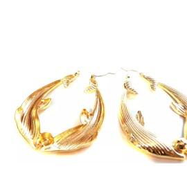 Unbranded OLD SCHOOL DOLPHIN KISSING HOOP EARRINGS GOLD TONE 2 IN W AND 2.5 IN L