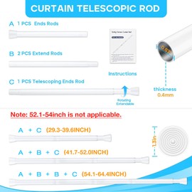 2 Pack White Tension Curtain Rod 30 to 64 Inch,Adjustable Curtain Rod,Shower Tension Curtain Rod No Drilling,7/8" Spring Curtain Rods for Windows Closet Doorway Door