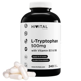 L-Tryptophan 500 mg. 240 Vegan Capsules for an 8 Month Treatment. 500 mg Pure Tryptophan with 16 mg Vitamin B3 (100% NRV) and 1.4 mg Vitamin B6 (100% NRV). Made by HIVITAL