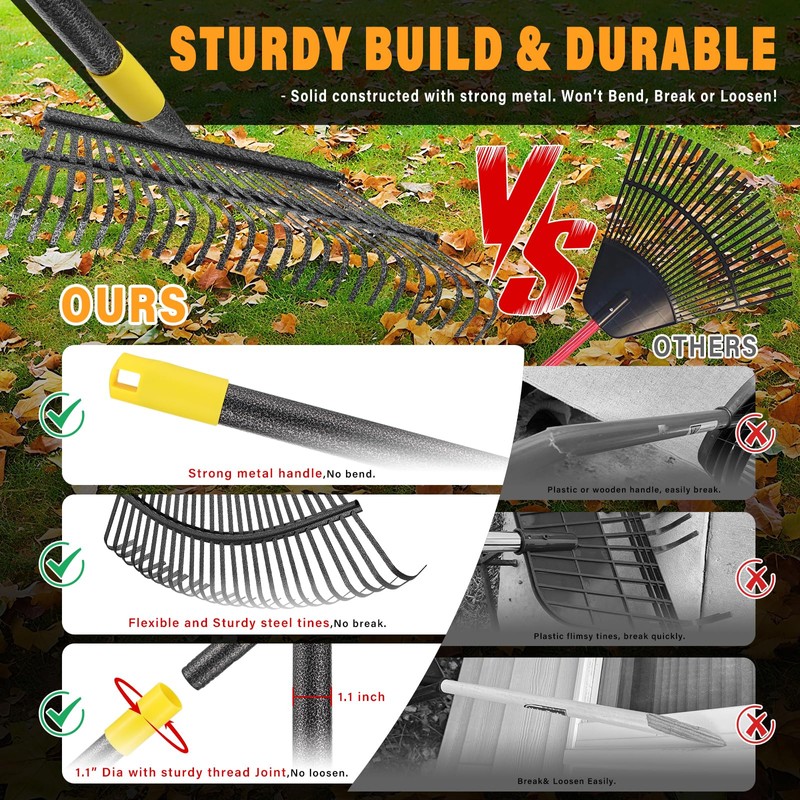 Rake for Leaves - 25 Tines Heavy Duty Metal Rake
