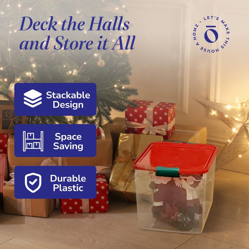 HOMZ 4-Pack Holiday Tote, Clear Plastic Storage Bins w/ Lids