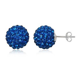 12MM WOMENS Sparkly Pave Glitter/Disco Ball Sterling Silver Stud Earrings/Ear Studs for Women Ladies Girls - Round Silver Earrings - BLUE CAPRI
