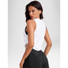 INGIA Pima Cotton Women Crew Neck Workout Cropped Tank Tops Ruched Side Sleeveless Gym Yoga Running Shirts White Small