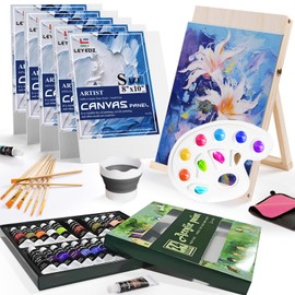 Painting Kit, Acrylic Paint Set for Kids, Art Set with 24 Acrylic Paints, 5 Canvas Panels and Table Easel, Canvas Paint Kit Art Supplies