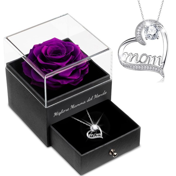 Sunia Gifts for Mum Christmas, Real Eternal Rose with Necklace 925 Silver Woman, Best Mom in the World, Stabilized Eternal Rose, Gift for Mom Christmas, Birthday Gift for Mom Grandma Woman