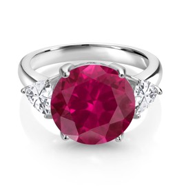 Gem Stone King 8.54 Cttw Red Created Ruby 3-Stone Ring For Women | 925 Sterling Silver | Round 12MM and Trillion 5MM | Available In Size 5, 6, 7, 8, 9