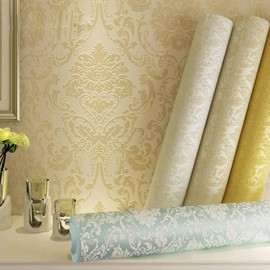 Q QIHANG European Damascus Non-Woven Flocking Wallpaper 3D Luxury Living Room TV Background Wall Paper Bedroom Guest Wallpaper Non-Woven Non-Pasted Wallpaper 1.73' W x 32.8' L (Cream-Yellow)