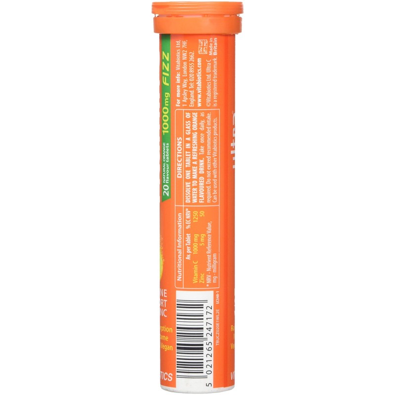 Vitabiotics Ultra Vitamin C Effervescent, Dissolvable with Zinc, Orange Flavour,