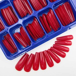 100pc Red Press on Coffin Nails Long Ballerina Shaped Artificial Fingernails Colored False Nails Full Cover Manicure Decor 10 Sizes