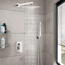 GBBNE Shower System Rain Shower Head and Handle Set Wall Mount Shower Faucet Set Fixture Combo 2 in 1 Handheld Spray Brass Rough-in Valve with 8 Inch Showerhead Polish Chrome