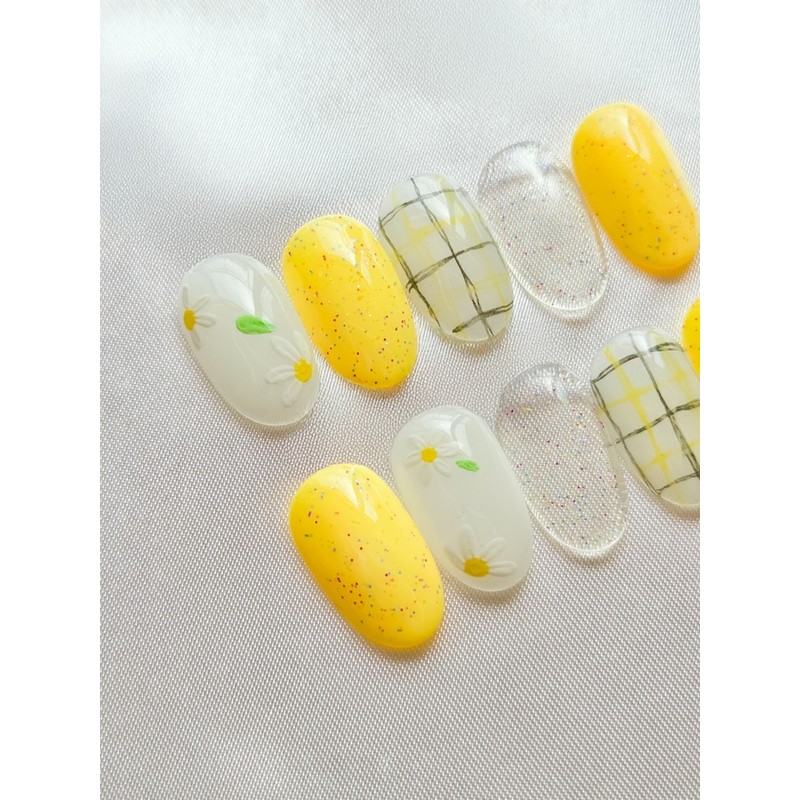 Daisy flower nail check drawing handmade nail tip - Square