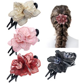 4 Pack Mesh Embroidery Flower Duckbill Plastic Hair Clips Claw Barrettes Hairgrips Bun Twist Hairclips Ponytail Hair Holder Accessories Hair Flower for Women