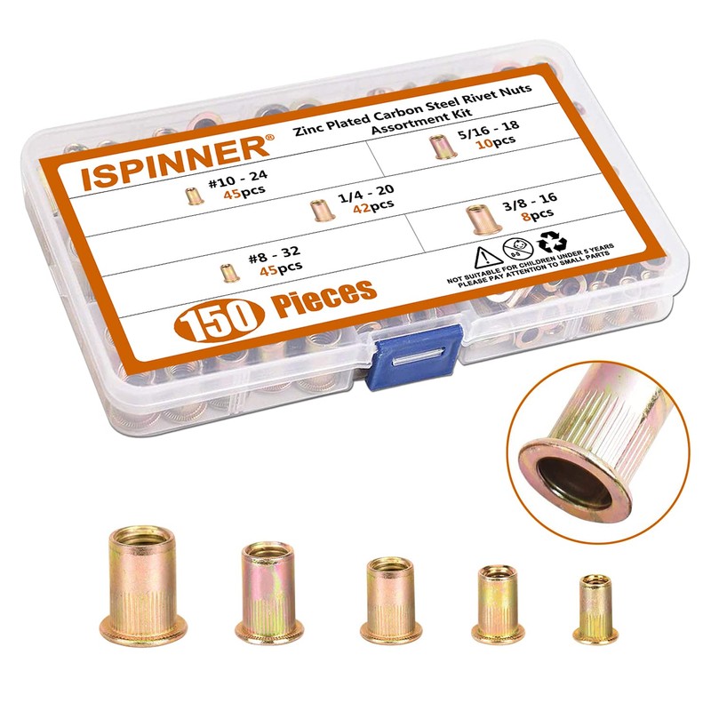 ISPINNER 150pcs #8-32, 10-24, 1/4"-20, 5/16"-18, 3/8"-16 Zinc Plated Carbon