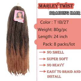 Marley Hair 24 Inch Marley Twist Hair Afro Twist Marley Braiding Hair for Faux Locs Crochet Hair Synthetic Hair Extensions(8Packs,1B/27, 24inch)