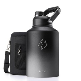 BUZIO One Gallon Water Bottle Insulated, (Cold for 48 Hrs) 128oz Water Jug Large Stainless Steel, 3.58in Big Wide Mouth Leak Proof Metal Flask with Carrying Sleeve for Camping,Gym, Travel, Black Gray