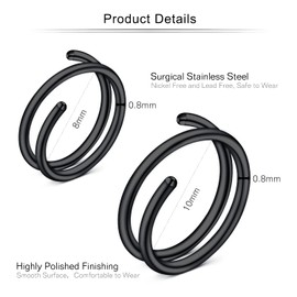 Mayhoop 20G Nose Rings Hoops 8mm/10mm Double Nose Ring for one Piercing Nose Piercing Rings Stainless Steel for Women Black 2 Pairs