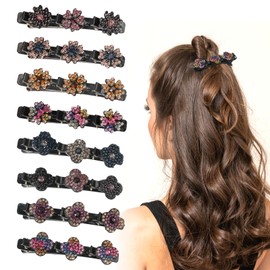 Pack of 8 Hair Clips with Sparkling Crystal Stones, Double Layer Hair Clips for Women Girls, Sparkling Crystal Stone Braided Hair Clips with 3 Mini Hair Clips (Hairpin B)