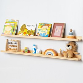 Picture Ledge Shelf for Wall, 48 inch Solid Pine Wood Nursery Book Shelves 2 Packs, Floating Ledge Shelves for Kids' Room Bedroom Bathroom Living Room Photo Frames Office Nursey Wall Decor, Natural