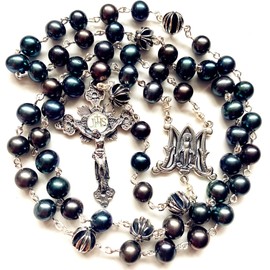 elegantmedical Black Pearl Bali Sterling Silver Cross Beads Catholic Rosary necklace box Mans Womens gift