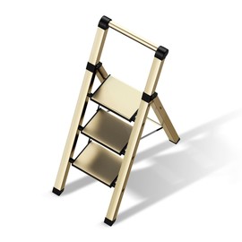 BEFITMACE 3 Step Ladder,Folding Step Stool with Aluminum Wide Pedal& Convenient Handgrip,330lbs Capacity Steel Ladder for Household and Office(Gold)